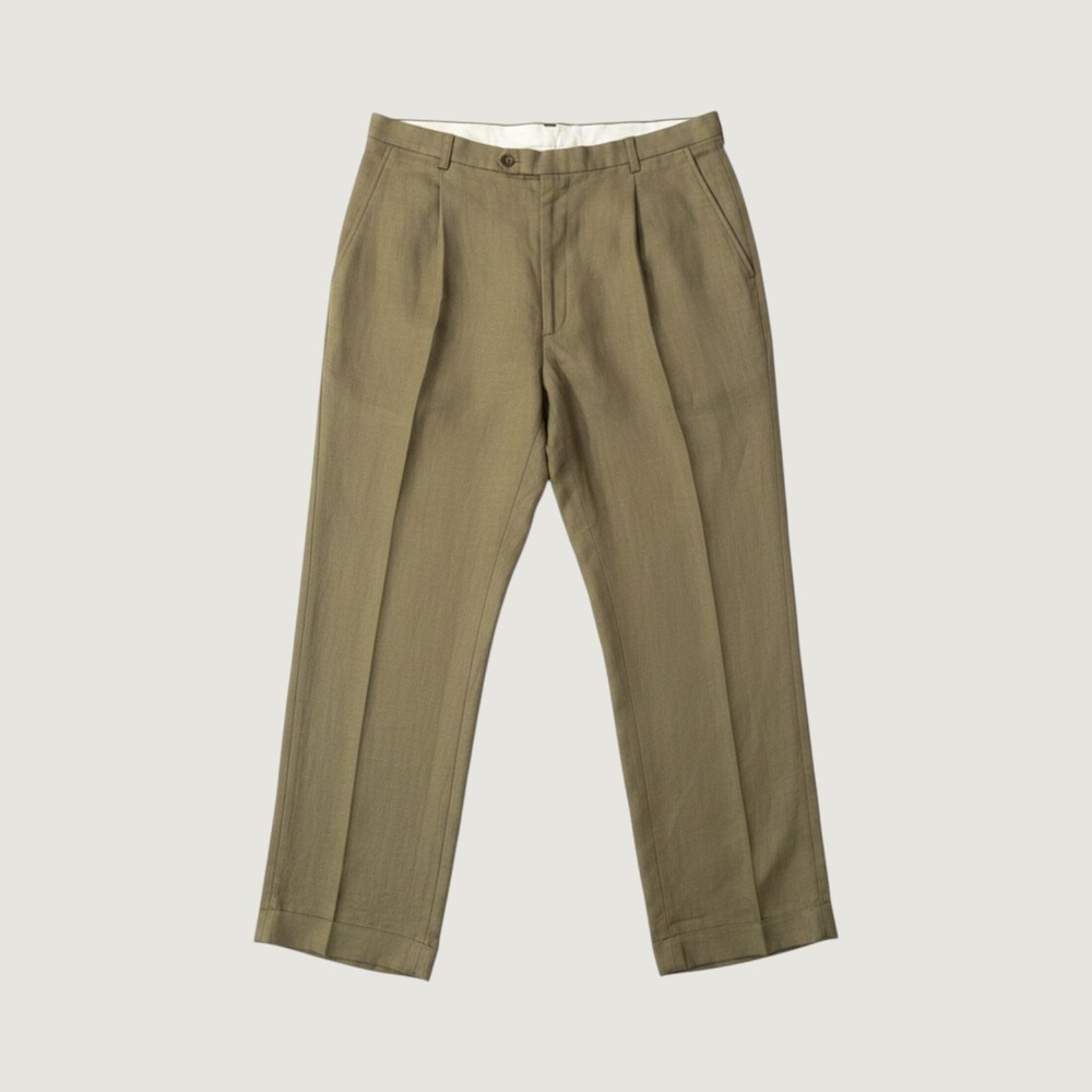 Harold Powell Linen Trousers Mens 42 Brown Pleated Cuffed Herringbone Old Money - Picture 3 of 8